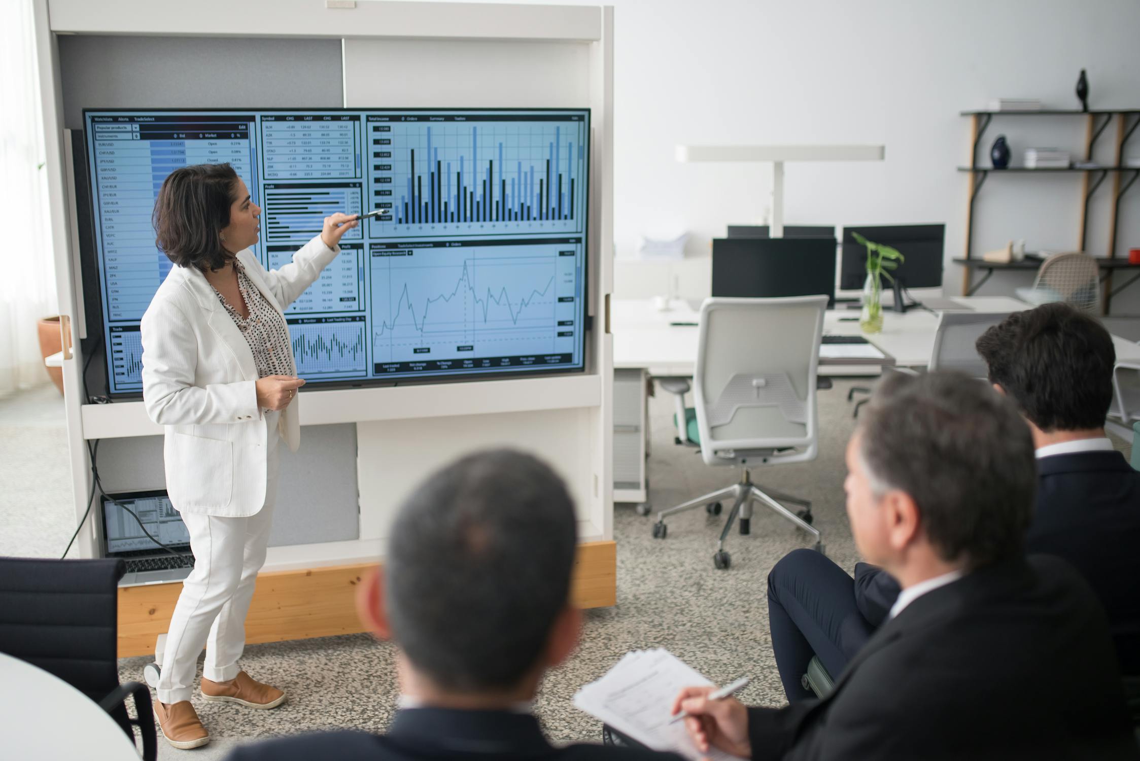 woman explaining business performance data to the company leadership