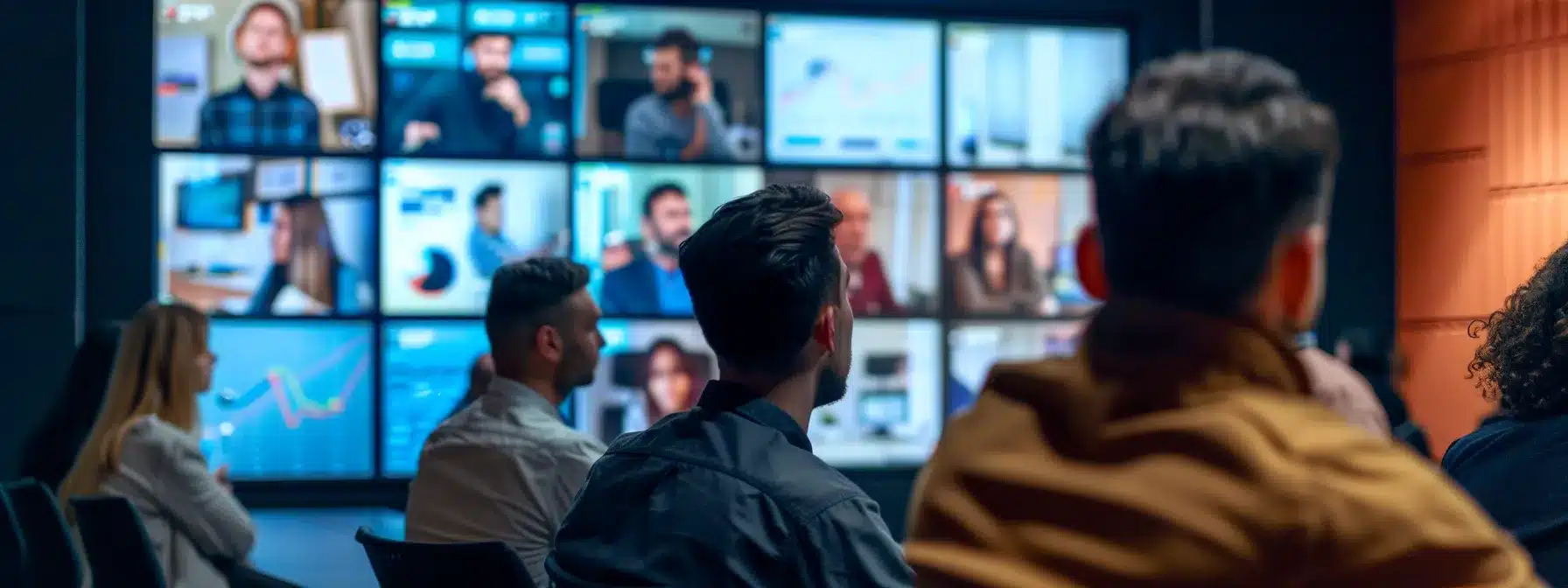 a dynamic webinar scene captures a diverse group of professionals engaged in an interactive digital presentation, illuminated by vibrant screens displaying key metrics and case studies, emphasizing the power of live discussions in lead generation.