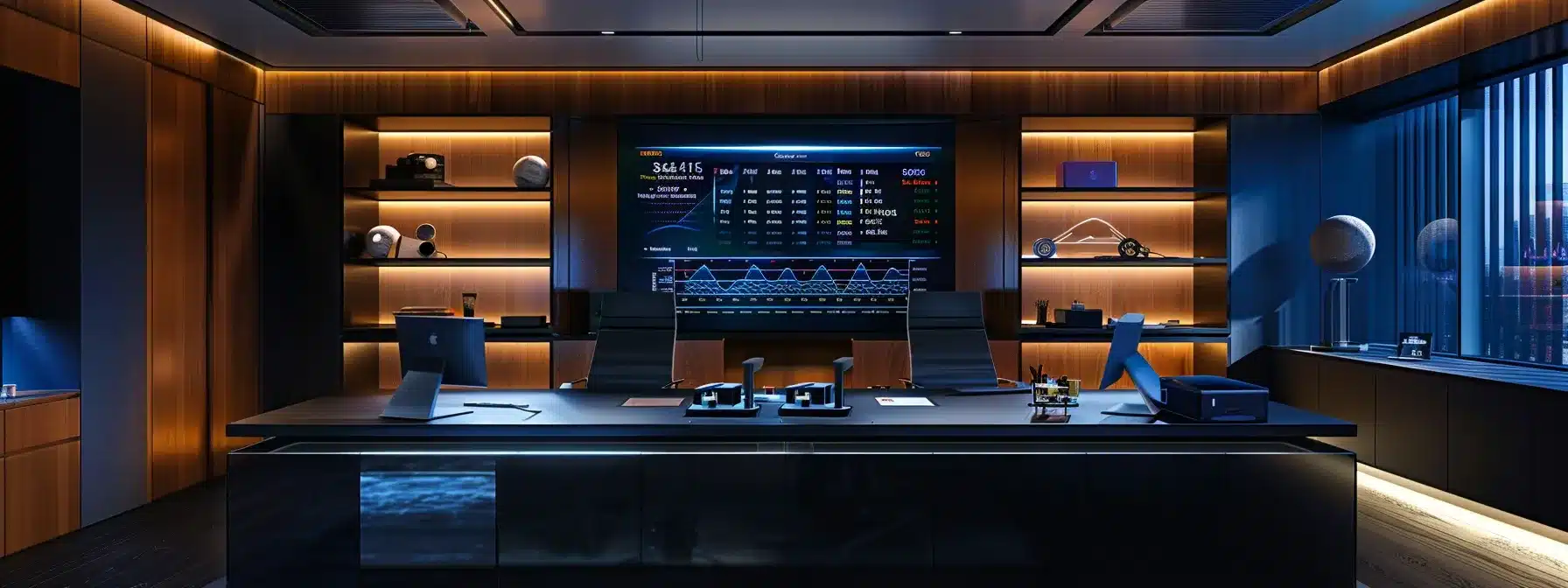 a focused office environment featuring a sleek, high-tech dashboard displaying conversion metrics and revenue graphs, illuminated by modern lighting, capturing the essence of strategic business decisions for funnel success.