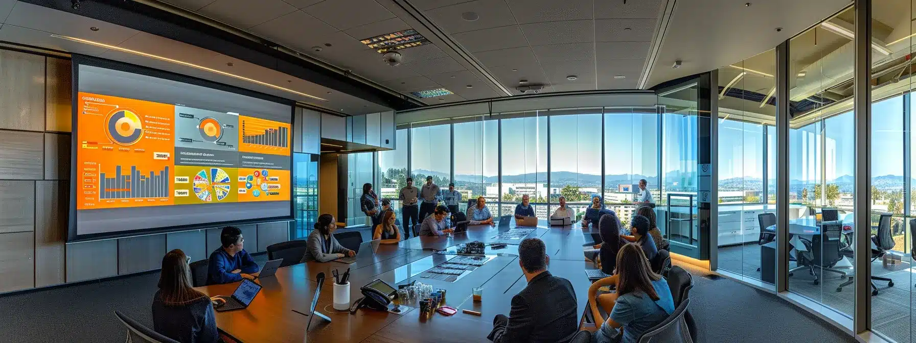 a modern office environment showcases a sleek presentation screen displaying vibrant sales funnel metrics, depicting clear bottlenecks and growth strategies, while a team of focused professionals engages in lively discussion and analysis around a polished conference table.
