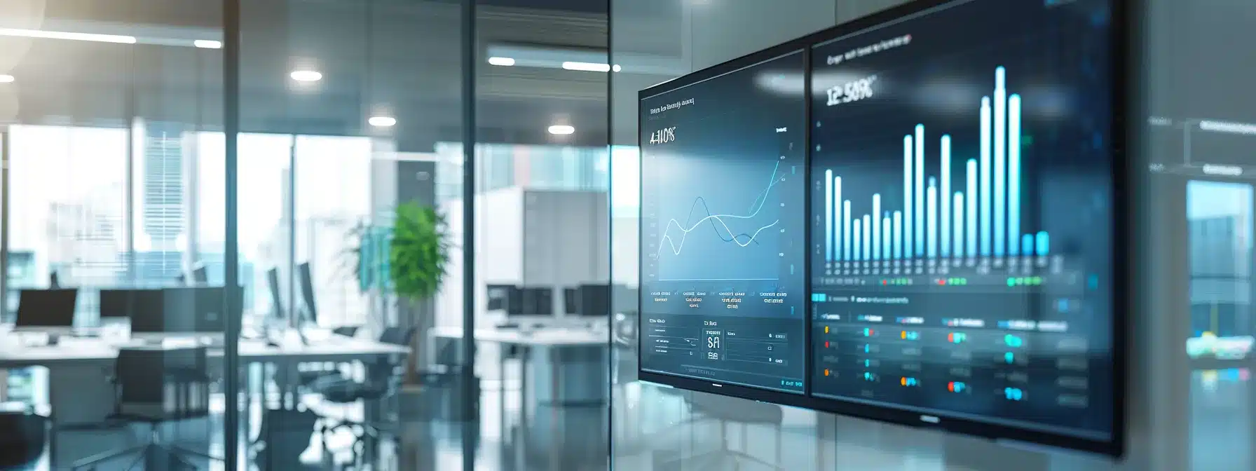 a modern office space features a large, sleek digital dashboard displaying vibrant graphs and metrics showcasing purchase intent indicators like shopping cart addition rates and sales qualified lead volume, illuminating a dynamic environment of data-driven decision-making.