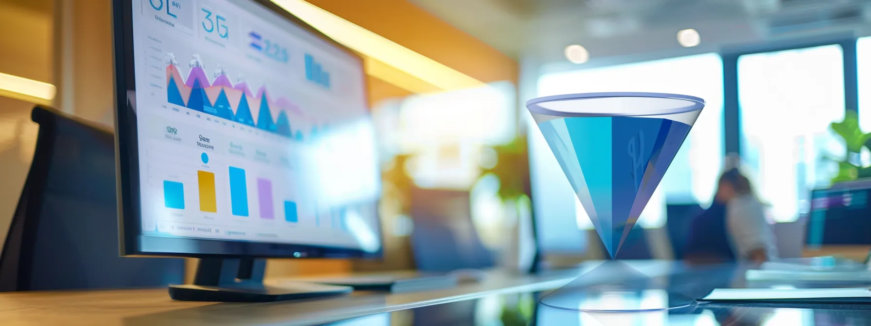 a sleek, modern office environment features a digital screen displaying a vibrant sales funnel graphic, highlighting the progression from awareness to purchase, with focused professionals analyzing data and strategizing customer acquisition techniques.