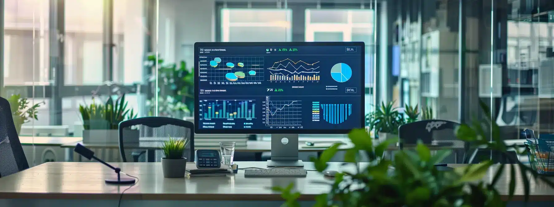 a sleek, modern office space showcases a digital dashboard displaying vibrant graphs and metrics, illuminating the effectiveness of various lead generation strategies in a professional environment.