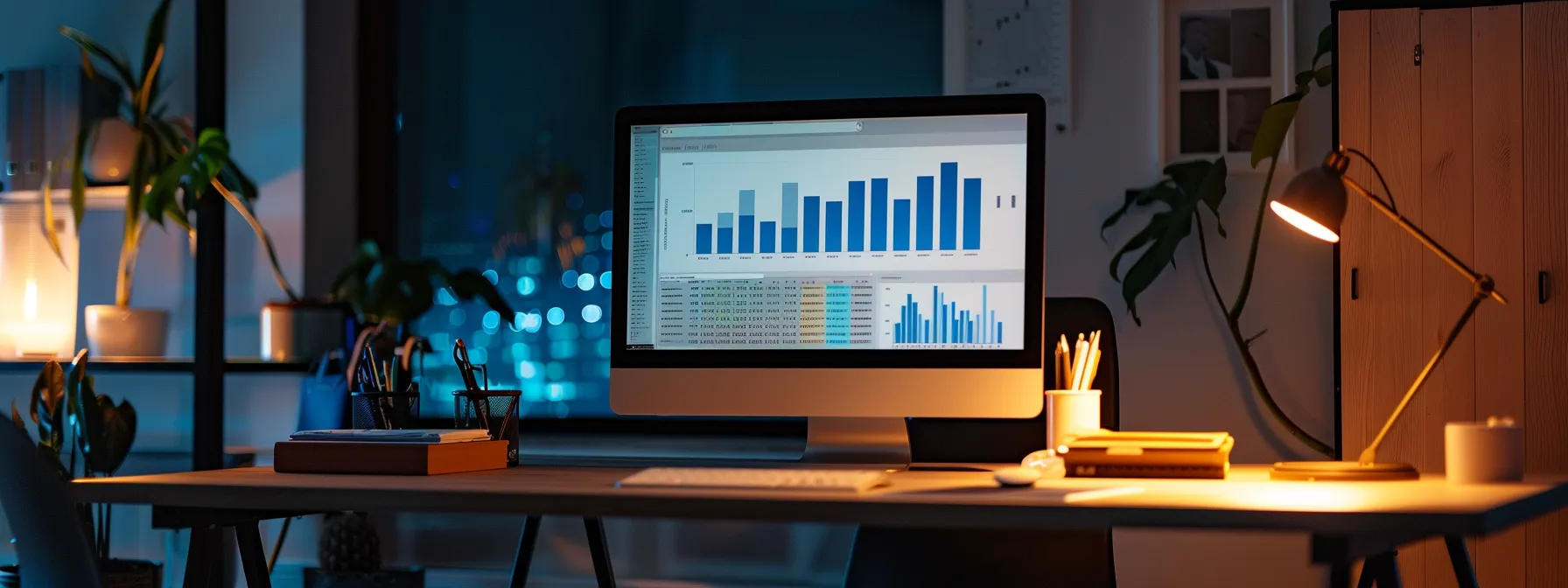 a sleek, modern office workspace illuminated by soft, focused lighting showcases a stylish computer screen displaying graphs and analytics, emphasizing the strategic elements of a successful conversion rate optimization strategy on a minimalist desk. - Nurture Machines a sleek, modern office workspace illuminated by soft, focused lighting showcases a stylish computer screen displaying graphs and analytics, emphasizing the strategic elements of a successful conversion rate optimization strategy on a minimalist desk.