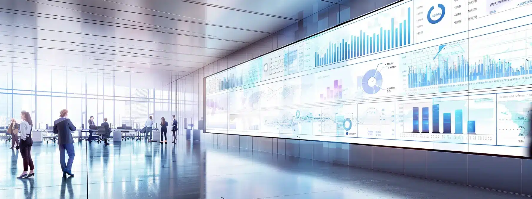 a sleek, modern office workspace is bustling with professionals analyzing a large digital sales funnel display on a wall-mounted screen, illustrating the stages of customer engagement from awareness to purchase, while vibrant charts and graphs highlight key metrics for strategic decision-making.
