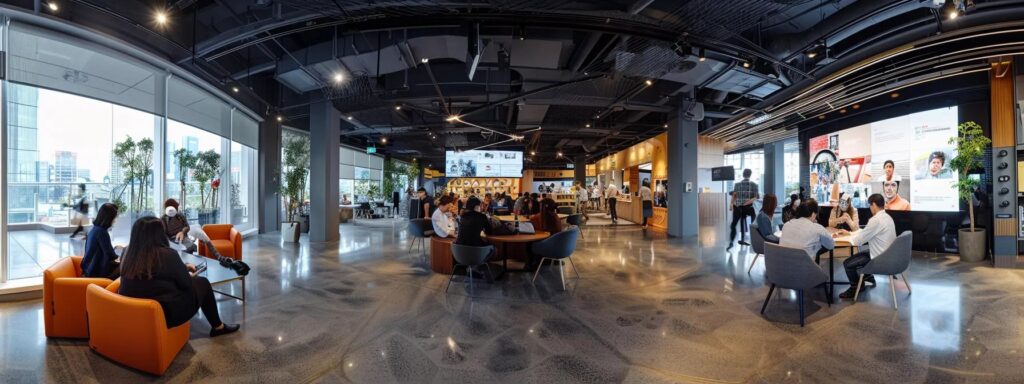 a bustling modern office environment showcases a collaborative team brainstorming session, with vibrant visuals of engaged employees discussing strategies on large digital screens, highlighting the theme of enhancing customer experience for loyalty.
