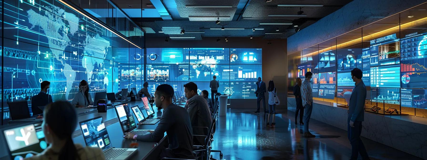 a dynamic office environment features a diverse team of professionals collaborating over a sleek conference table filled with digital devices, charts, and community engagement analytics, illustrating the innovative strategies for local audience engagement and customer acquisition.