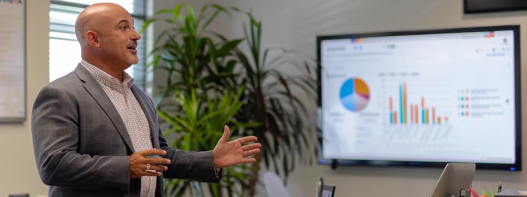 a dynamic office environment features a confident business consultant presenting a visually engaging graph on a digital screen that illustrates the positive impact of customer retention strategies on reducing acquisition costs. - Nurture Machines a dynamic office environment features a confident business consultant presenting a visually engaging graph on a digital screen that illustrates the positive impact of customer retention strategies on reducing acquisition costs.