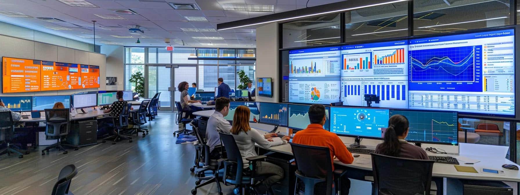 a dynamic office environment with a diverse team collaboratively analyzing data on large screens, surrounded by charts and graphs showcasing local growth metrics and engagement strategies.