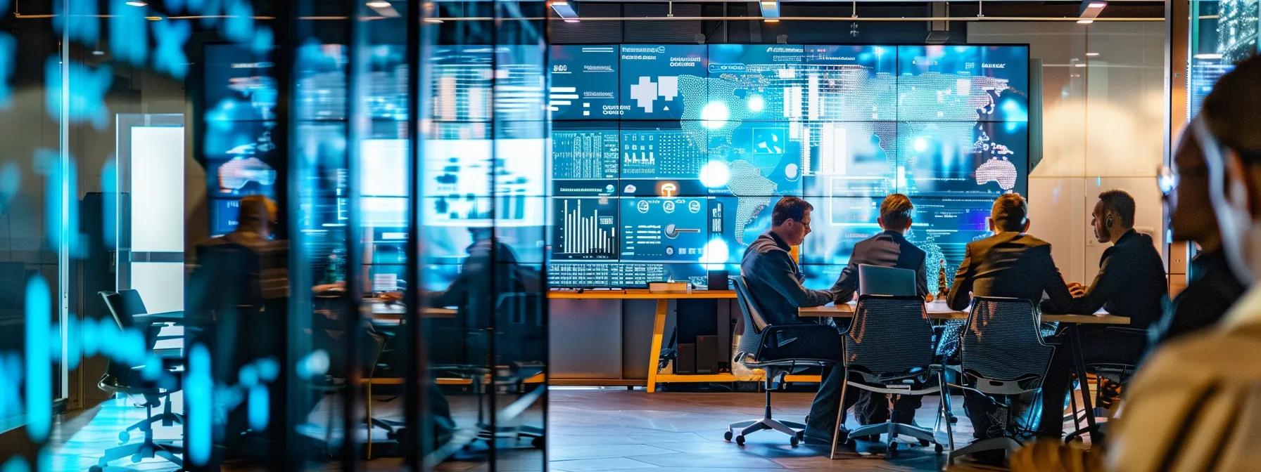 a dynamic urban office space filled with professionals engaging in discussions around digital loyalty program statistics displayed on sleek screens, reflecting a vibrant atmosphere of innovation and strategy.