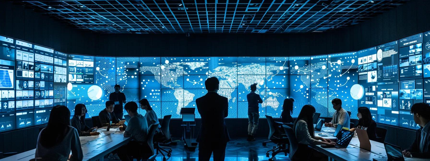 a modern office setting with a diverse team engaged in a dynamic brainstorming session, surrounded by digital displays showcasing community engagement strategies and data analytics, highlighting collaboration and strategic planning.