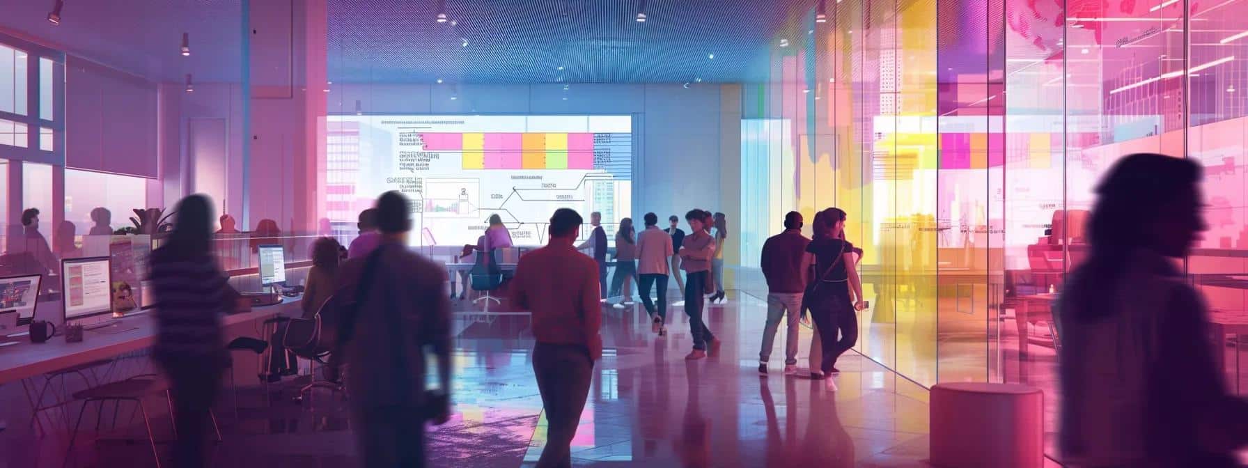 a modern office space buzzes with activity as diverse professionals collaborate around a digital whiteboard filled with colorful customer journey maps, highlighting critical pain points and strategies for enhancing user engagement and satisfaction.