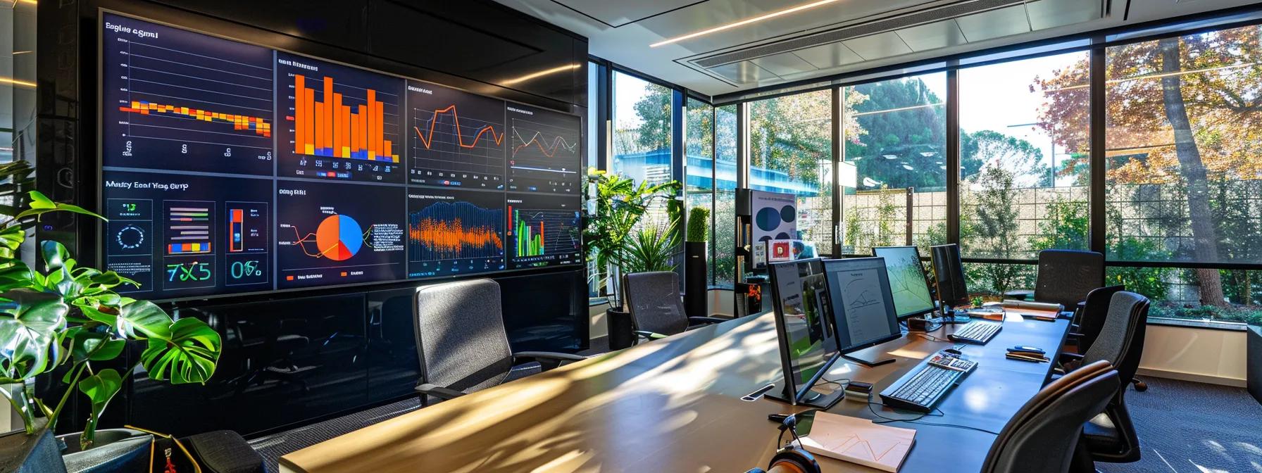a sleek, modern office setting features a large digital dashboard displaying vibrant crm analytics and performance metrics, with collaborative professionals engaging in strategic discussions around a polished conference table. - Nurture Machines a sleek, modern office setting features a large digital dashboard displaying vibrant crm analytics and performance metrics, with collaborative professionals engaging in strategic discussions around a polished conference table.