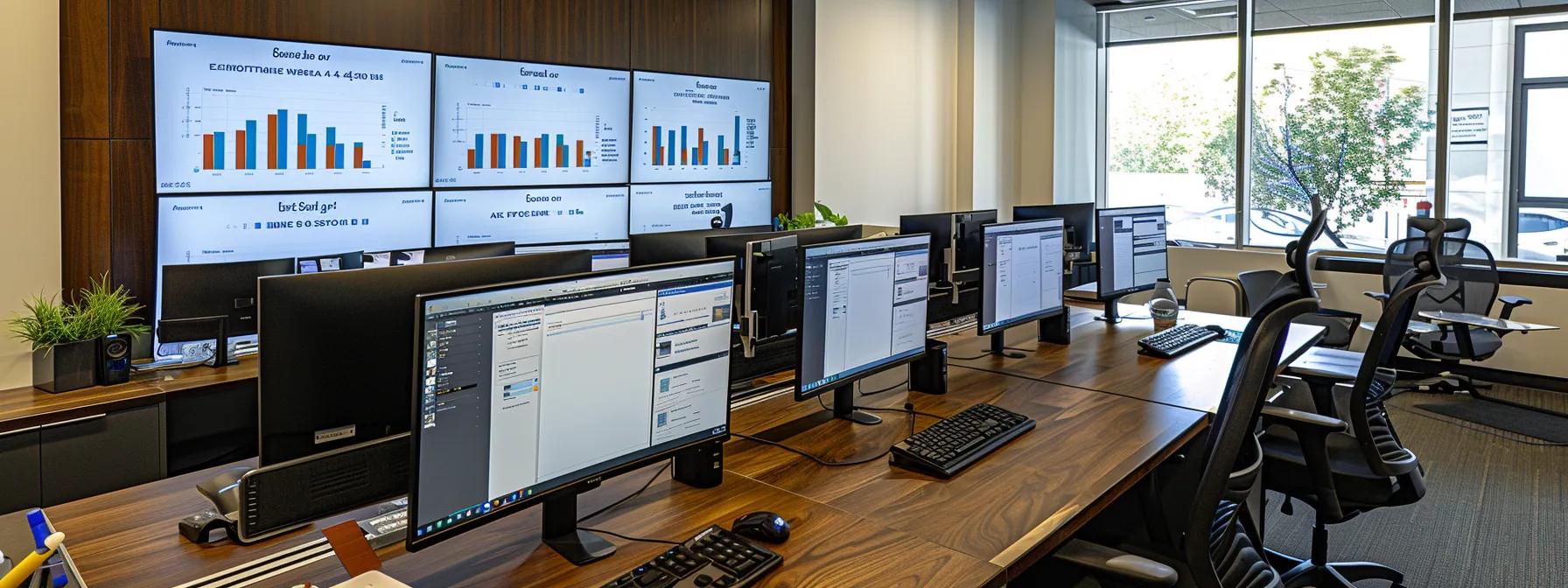 a sleek, modern office workspace featuring multiple computer screens displaying crm software dashboards and automation tools, with digital graphs and data visualizations illustrating streamlined lead tracking and sales pipeline efficiency. - Nurture Machines a sleek, modern office workspace featuring multiple computer screens displaying crm software dashboards and automation tools, with digital graphs and data visualizations illustrating streamlined lead tracking and sales pipeline efficiency.