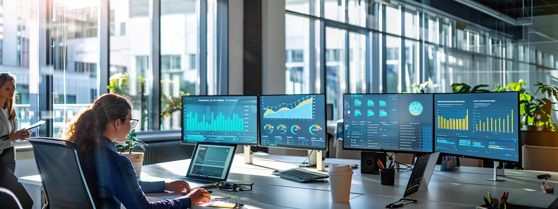 a vibrant, modern office workspace displays large screens showcasing data analytics dashboards and audience segmentation charts, illustrating the dynamic use of advanced marketing tools and technologies. - Nurture Machines a vibrant, modern office workspace displays large screens showcasing data analytics dashboards and audience segmentation charts, illustrating the dynamic use of advanced marketing tools and technologies.