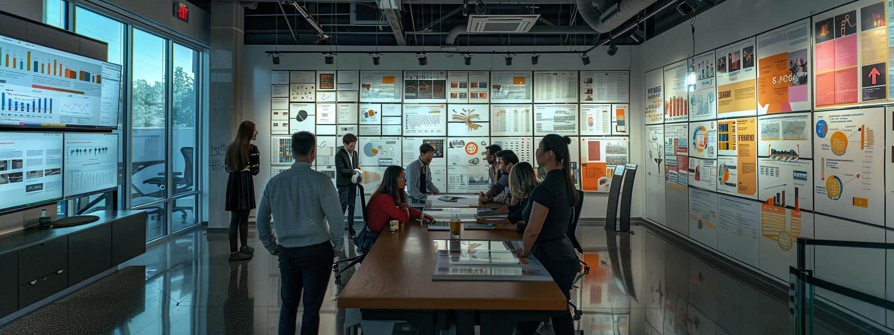 a dynamic office setting features a diverse team intently collaborating around a sleek conference table, surrounded by colorful, data-driven charts and buyer personas pinned on the walls, symbolizing the strategic process of identifying and understanding target audiences for effective customer acquisition.