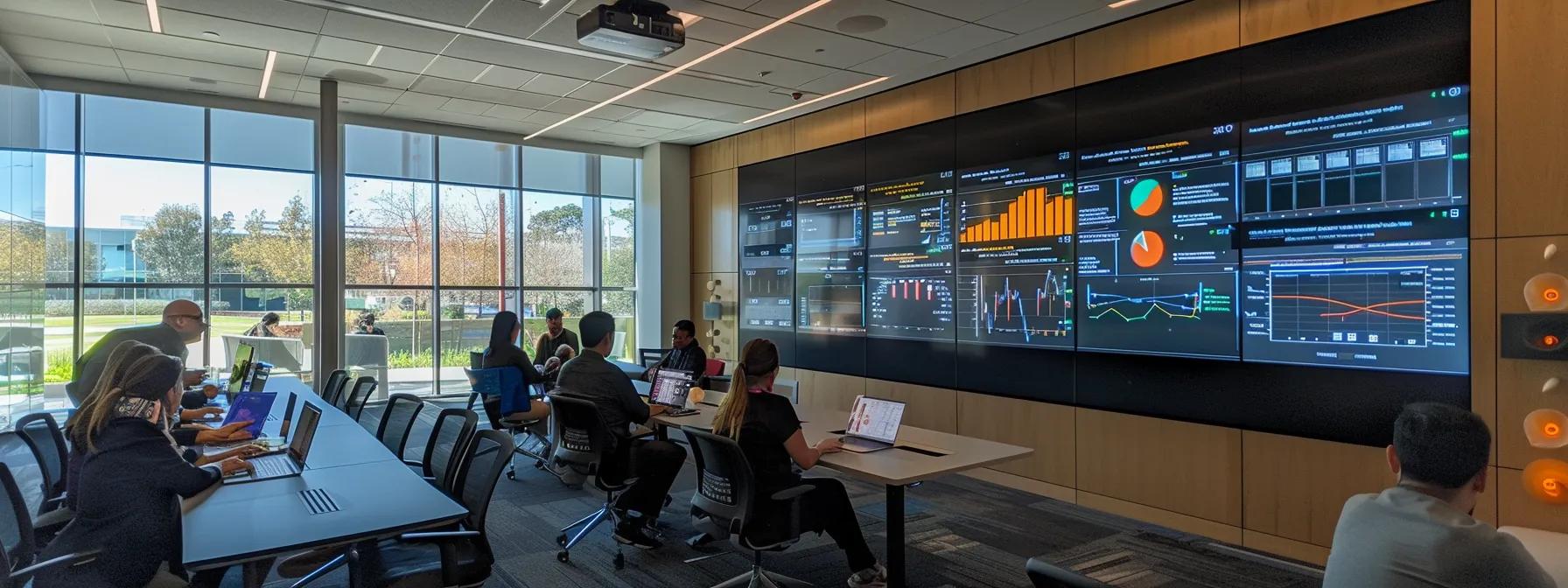 a dynamic office setting featuring a diverse team analyzing digital dashboards displaying crm success metrics, with vibrant graphs and data visualizations linking directly to strategic business goals, symbolizing the alignment between operational efficiency and strategic growth. - Nurture Machines a dynamic office setting featuring a diverse team analyzing digital dashboards displaying crm success metrics, with vibrant graphs and data visualizations linking directly to strategic business goals, symbolizing the alignment between operational efficiency and strategic growth.