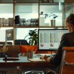 a focused office environment features a detailed customer profile chart displayed on a sleek, modern touchscreen, with an engaged business professional analyzing data and insights to identify their ideal customer profile.