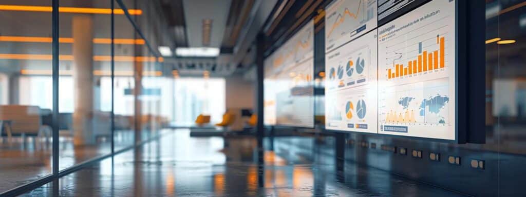 a modern office space displays a large digital dashboard filled with vibrant graphs and charts, illustrating dynamic demographic data analysis insights on a sleek glass wall, illuminated by soft overhead lighting.