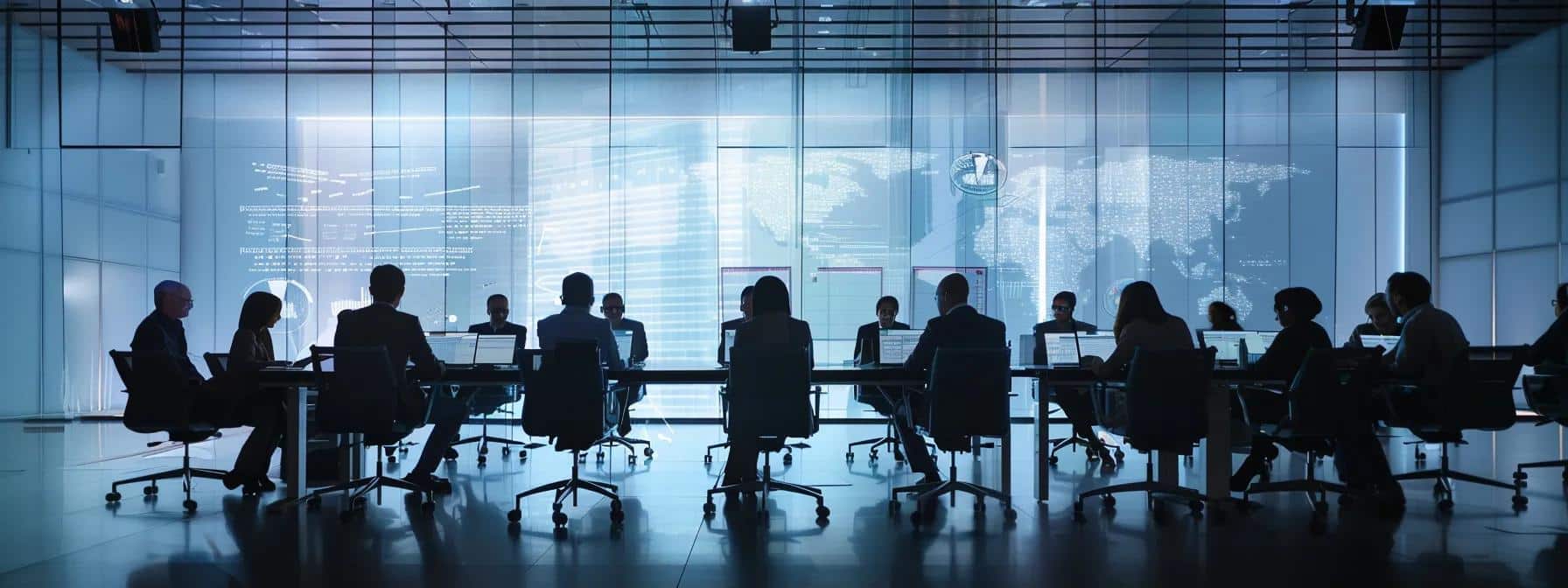 a sleek, modern office conference room is filled with diverse professionals intently analyzing data visualizations on large digital screens, embodying collaboration and innovation in advanced market research strategies for business growth.