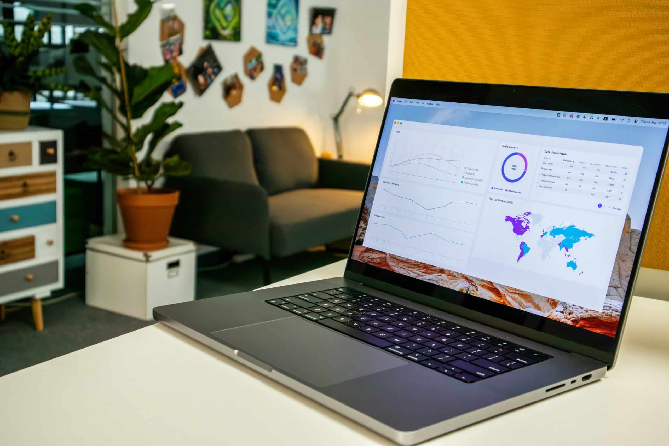 Laptop on table with dashboard showing customer analytics