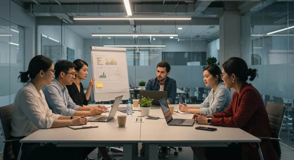 a sleek, modern office environment buzzes with energy as a diverse team passionately collaborates around a high-tech conference table, showcasing their innovative strategies to outpace competitors in customer acquisition.
