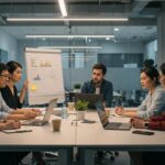 a sleek, modern office environment buzzes with energy as a diverse team passionately collaborates around a high-tech conference table, showcasing their innovative strategies to outpace competitors in customer acquisition.