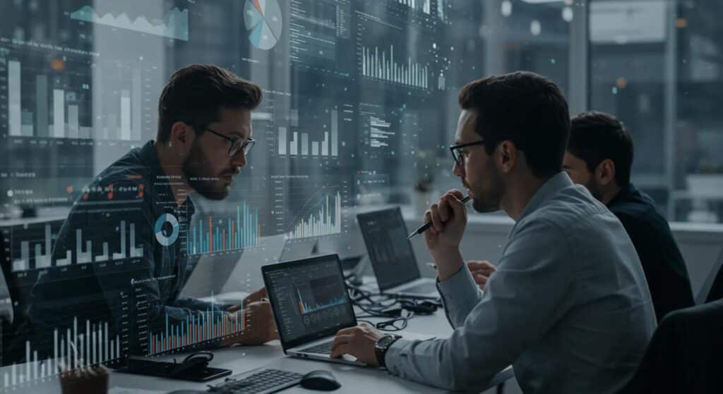 a sleek, modern office environment filled with data analytics screens and charts, showcasing a focused team collaborating over graphs detailing average customer acquisition costs in various industries.
