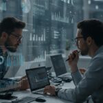 a sleek, modern office environment filled with data analytics screens and charts, showcasing a focused team collaborating over graphs detailing average customer acquisition costs in various industries.