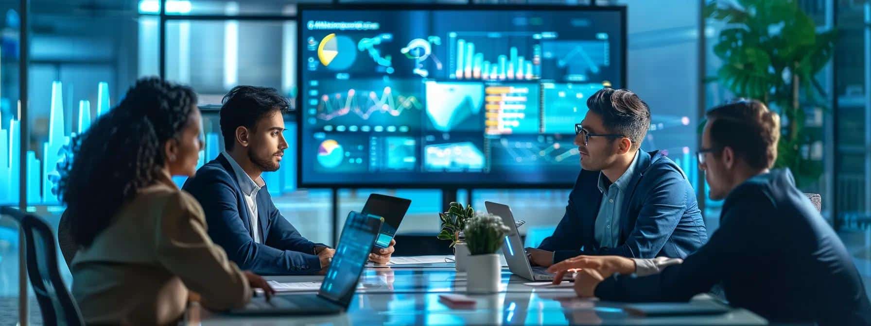 a focused marketing team huddles around a sleek conference table in a modern office, analyzing detailed customer profiles on vibrant digital displays, emphasizing the critical role of audience understanding in driving superior sales conversions.