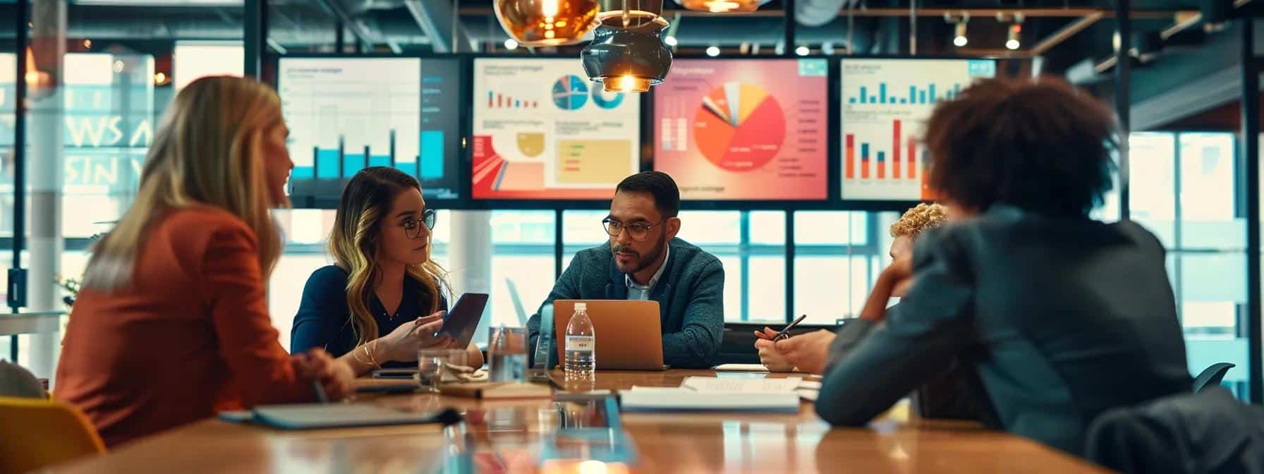 A group of professionals analyzing audience data and visual reports in a modern office setting to understand customer journeys and behavior patterns.