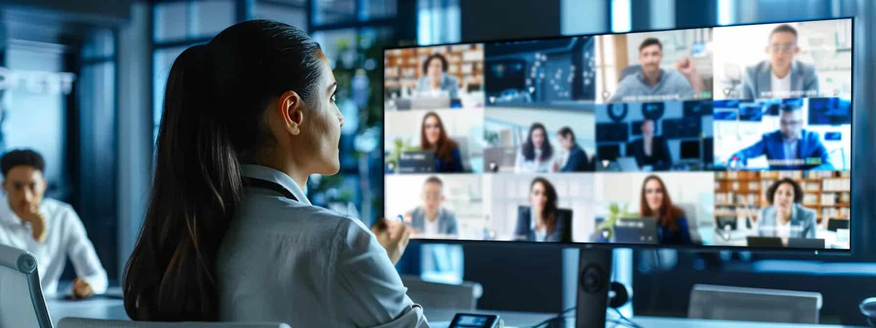 a sleek, modern office environment showcases a professional engaged in a dynamic video call, surrounded by digital displays of tailored communication strategies and lead conversion metrics, emphasizing the importance of effective messaging in sales.