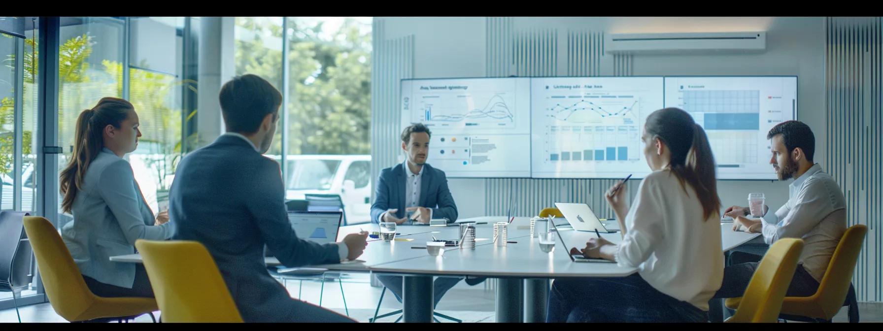 a sleek modern office setting features a marketing team engaged in a dynamic brainstorming session, surrounded by vibrant visuals of customer journey maps and personalized marketing strategies displayed on digital screens, highlighting the power of tailored upselling techniques.