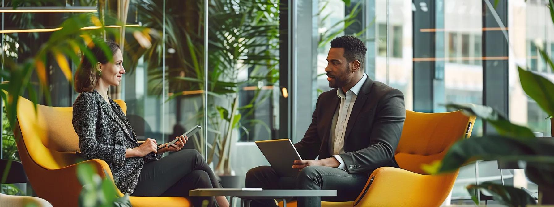 a sleek, modern office setting showcases a confident business professional engaging with a client over a digital tablet, illustrating the dynamic of strategic upselling as they discuss tailored solutions that foster long-term partnerships.