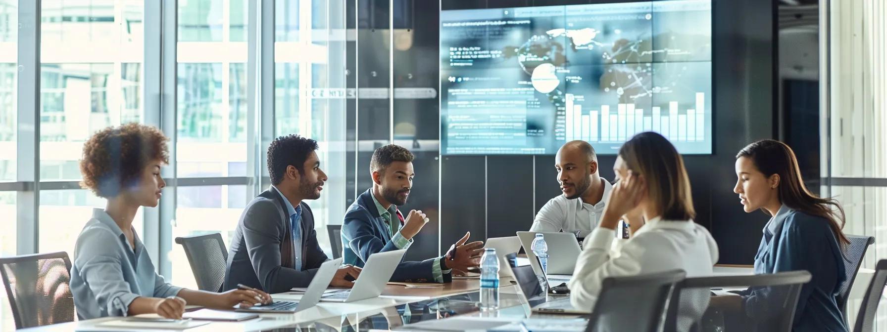 an engaging office scene showcases a diverse group of professionals collaborating around a sleek conference table, surrounded by digital displays illustrating customer engagement strategies like personalized communications and loyalty programs, bathed in dynamic, focused lighting to emphasize their innovative discussions. - Nurture Machines an engaging office scene showcases a diverse group of professionals collaborating around a sleek conference table, surrounded by digital displays illustrating customer engagement strategies like personalized communications and loyalty programs, bathed in dynamic, focused lighting to emphasize their innovative discussions.
