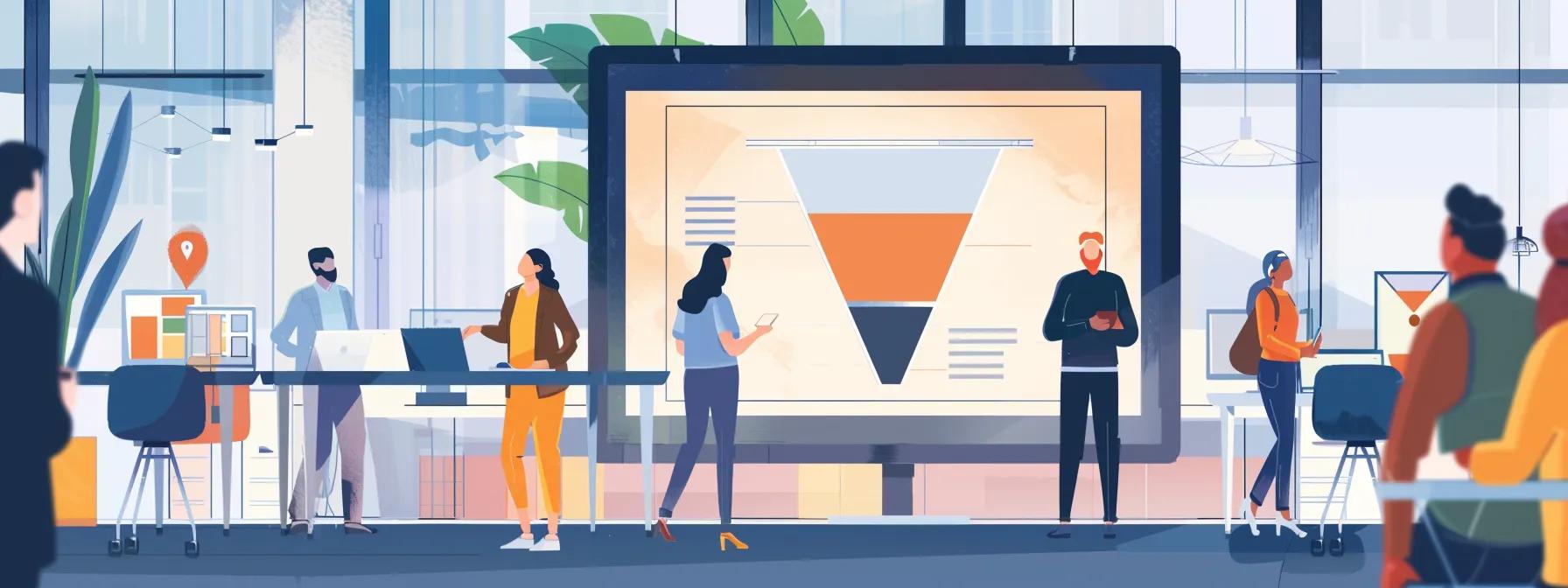 a sleek, modern office with a digital sales funnel diagram displayed on a large screen, surrounded by professionals engaging in focused discussion about cost-effective marketing strategies.