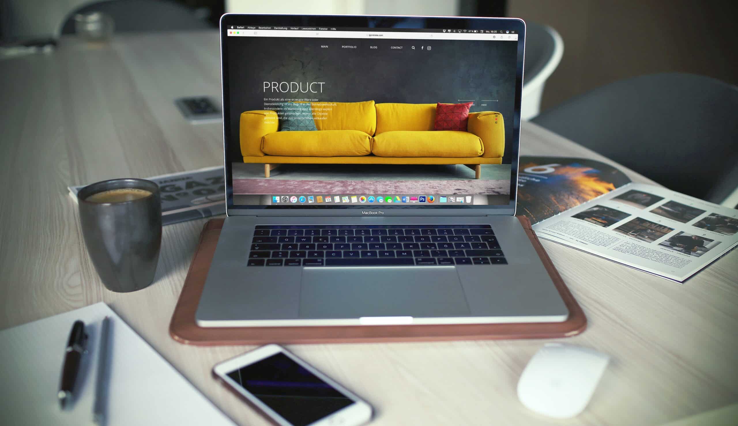 A laptop displaying a product landing page surrounded by marketing materials, illustrating A/B testing and conversion optimization efforts. - Nurture Machines A laptop displaying a product landing page surrounded by marketing materials, illustrating A/B testing and conversion optimization efforts.