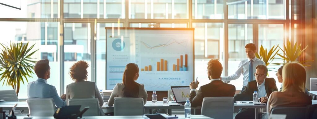 a dynamic business meeting in a sleek, modern office, featuring diverse professionals intently discussing customer acquisition strategies, with vibrant charts and graphs projected on a large screen behind them.
