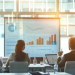 a dynamic business meeting in a sleek, modern office, featuring diverse professionals intently discussing customer acquisition strategies, with vibrant charts and graphs projected on a large screen behind them.
