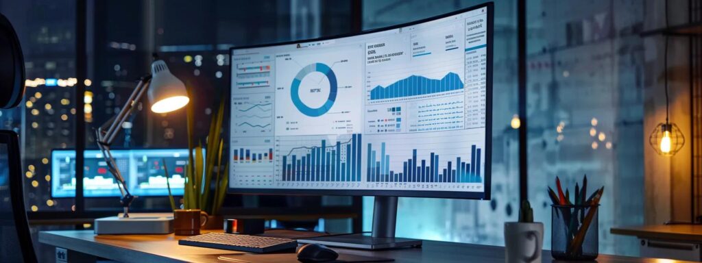 a sleek, modern office workspace featuring a large computer screen displaying engaging website analytics and optimization graphs, illuminated by bright, focused overhead lights to emphasize a dynamic atmosphere of digital marketing success.