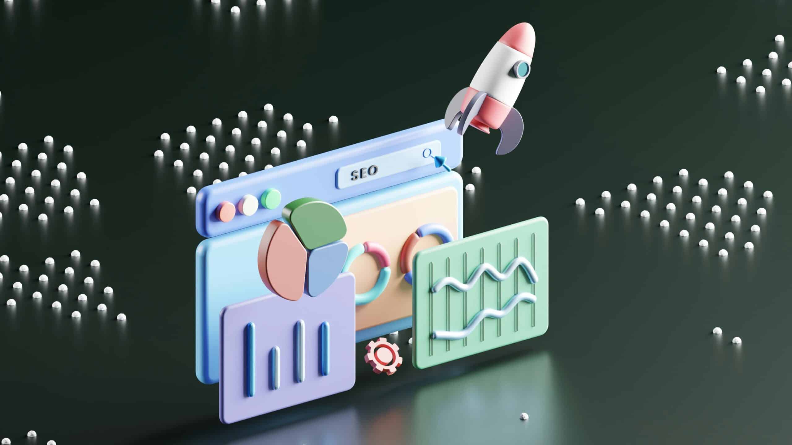A 3D illustration of SEO and analytics tools, representing digital strategies used for top-of-the-funnel lead generation. - Nurture Machines A 3D illustration of SEO and analytics tools, representing digital strategies used for top-of-the-funnel lead generation.